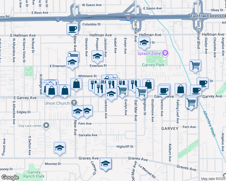 map of restaurants, bars, coffee shops, grocery stores, and more near 7621 Garvey Avenue in Rosemead