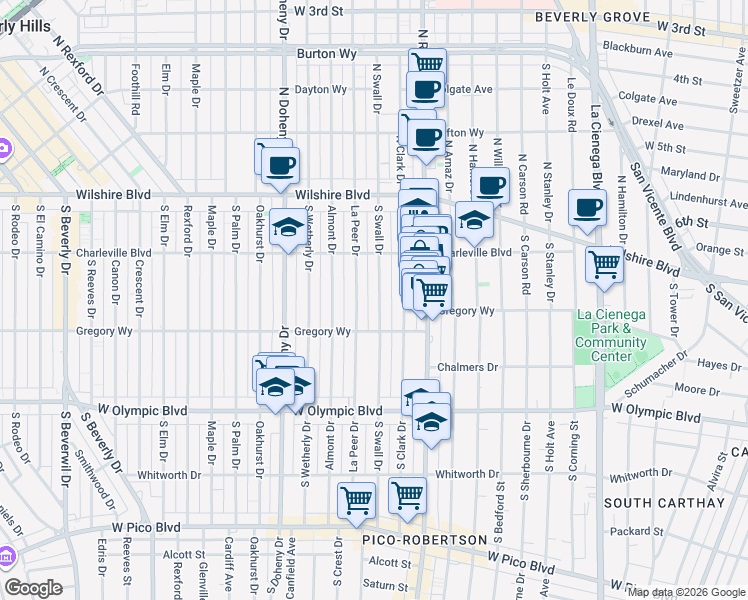 map of restaurants, bars, coffee shops, grocery stores, and more near 241 South Swall Drive in Beverly Hills