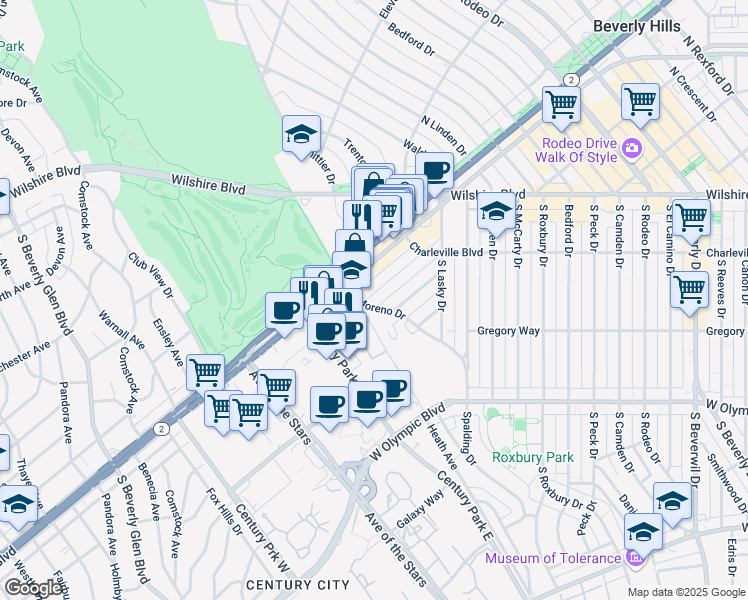 map of restaurants, bars, coffee shops, grocery stores, and more near 9980 Durant Drive in Beverly Hills