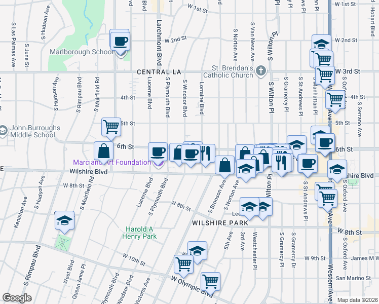 map of restaurants, bars, coffee shops, grocery stores, and more near 606s South Windsor Boulevard in Los Angeles