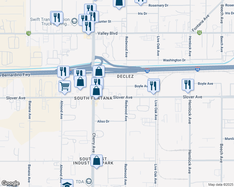 map of restaurants, bars, coffee shops, grocery stores, and more near 14642 Slover Avenue in Fontana