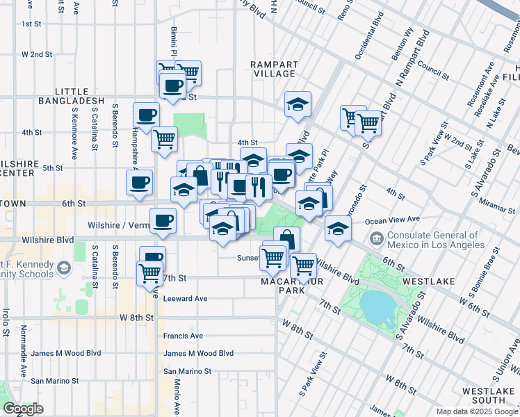map of restaurants, bars, coffee shops, grocery stores, and more near 601 South Commonwealth Avenue in Los Angeles