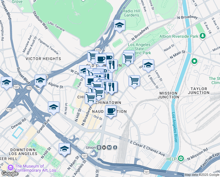 map of restaurants, bars, coffee shops, grocery stores, and more near 215 East College Street in Los Angeles