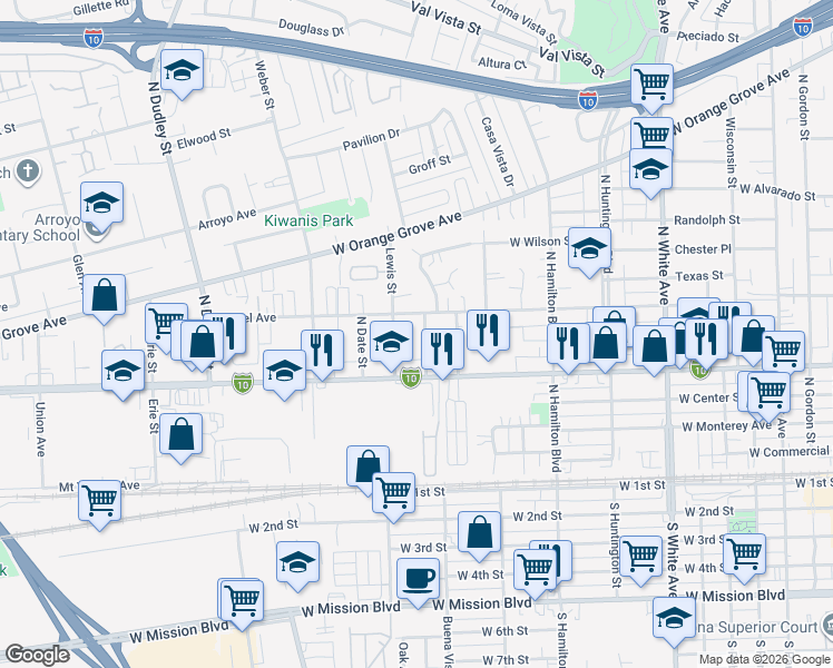 map of restaurants, bars, coffee shops, grocery stores, and more near 639 North Currier Street in Pomona