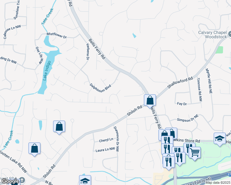 map of restaurants, bars, coffee shops, grocery stores, and more near 4631 Astible Court Northwest in Acworth