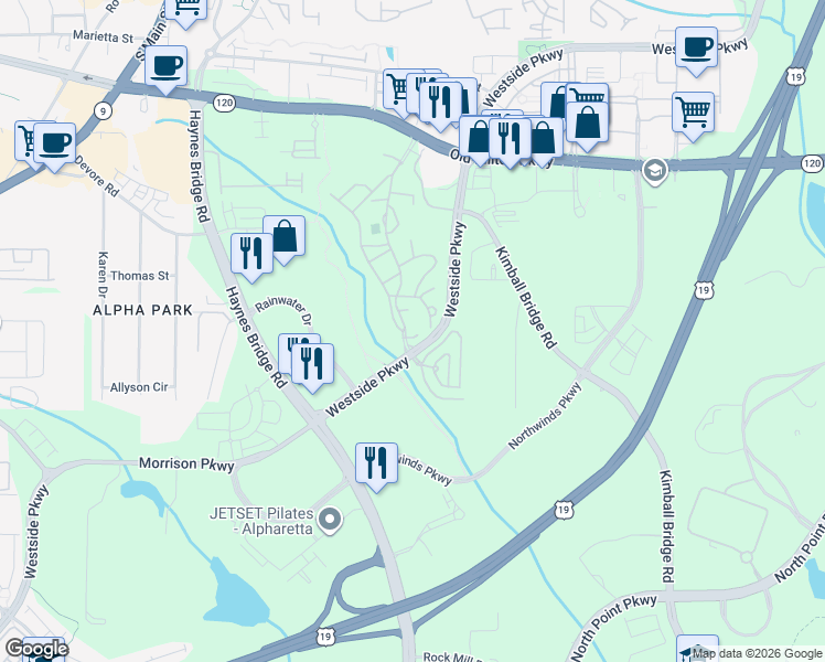 map of restaurants, bars, coffee shops, grocery stores, and more near 31008 Gardner Drive in Alpharetta