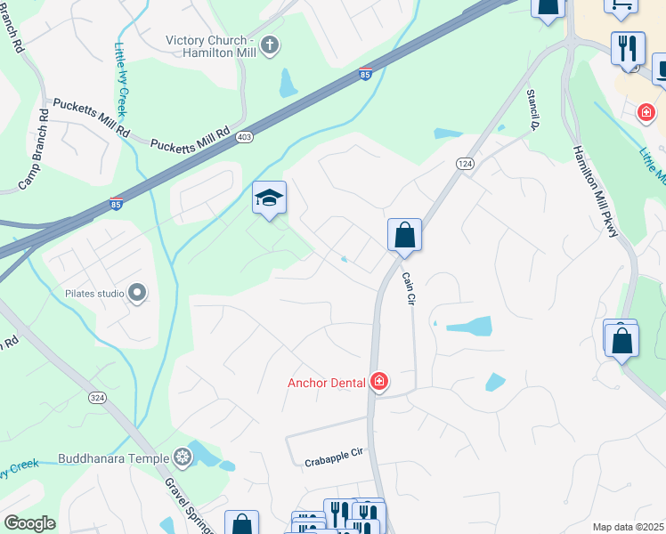 map of restaurants, bars, coffee shops, grocery stores, and more near 2442 South Pucketts Mill Road in Dacula