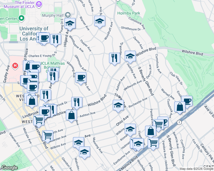 map of restaurants, bars, coffee shops, grocery stores, and more near 10535 Wilshire Boulevard in Los Angeles