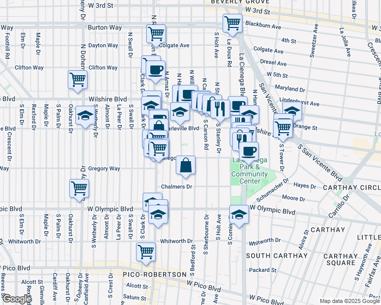 map of restaurants, bars, coffee shops, grocery stores, and more near 220 South Willaman Drive in Beverly Hills