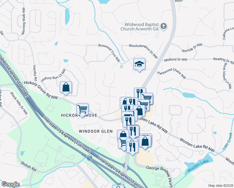 map of restaurants, bars, coffee shops, grocery stores, and more near 4531 Cindy Lane in Kennesaw