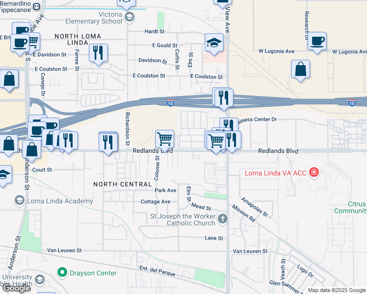 map of restaurants, bars, coffee shops, grocery stores, and more near 25526 Redlands Boulevard in Loma Linda