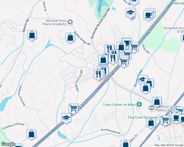 map of restaurants, bars, coffee shops, grocery stores, and more near 4416 Village Field Place in Suwanee