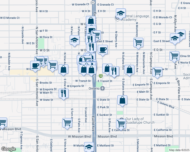 map of restaurants, bars, coffee shops, grocery stores, and more near 1456 East Philadelphia Street in Ontario
