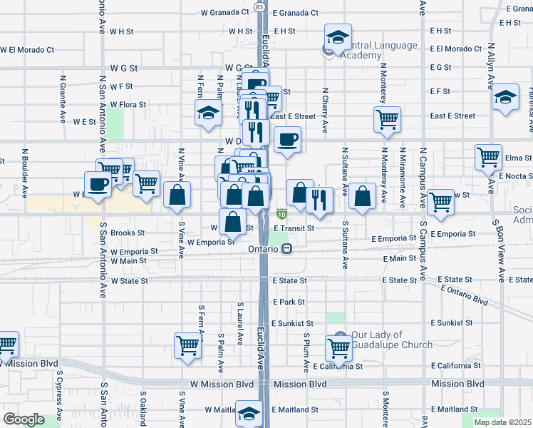 map of restaurants, bars, coffee shops, grocery stores, and more near North Euclid Avenue & East Holt Boulevard in Ontario
