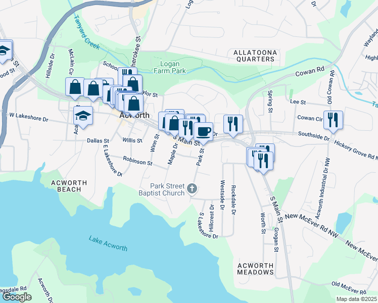 map of restaurants, bars, coffee shops, grocery stores, and more near 4471 Gibson Place in Acworth