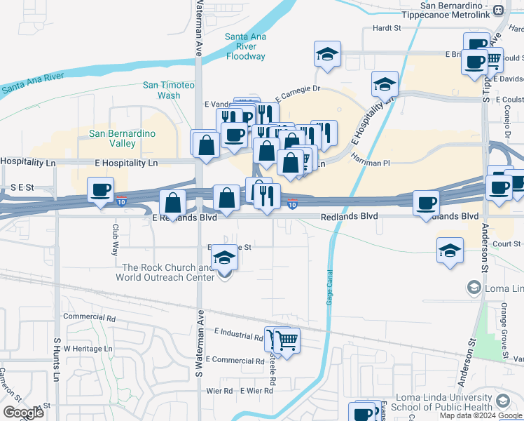 map of restaurants, bars, coffee shops, grocery stores, and more near 484 East Redlands Boulevard in San Bernardino