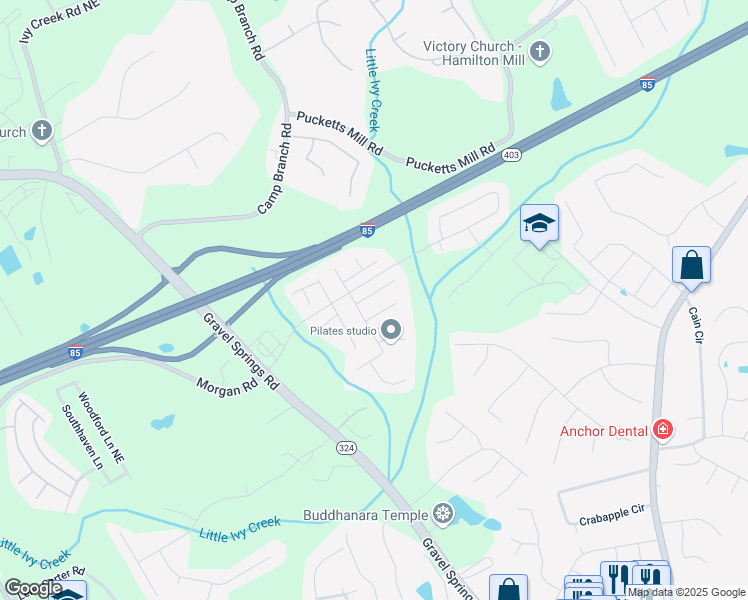 map of restaurants, bars, coffee shops, grocery stores, and more near 2743 Morgan Farm Court in Buford