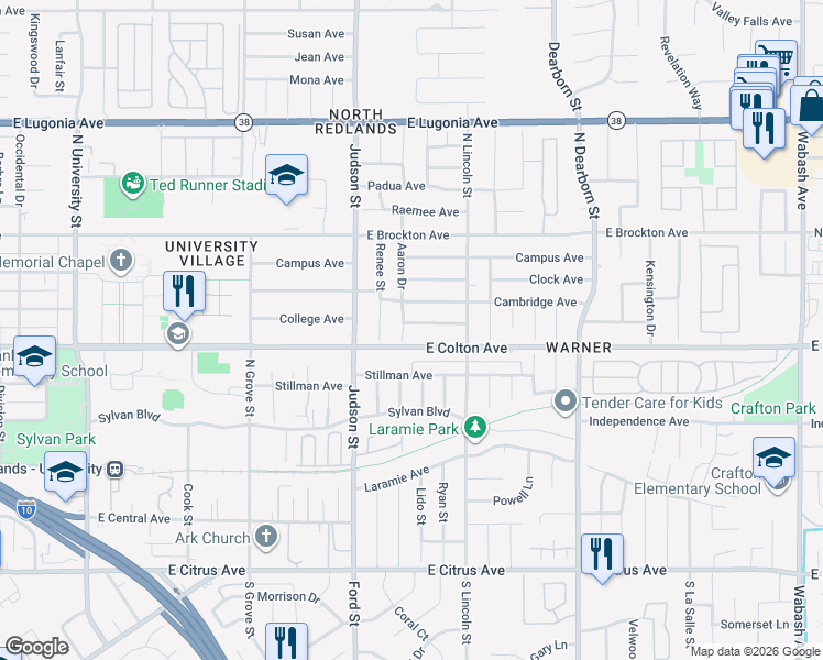 map of restaurants, bars, coffee shops, grocery stores, and more near 870 Aaron Drive in Redlands