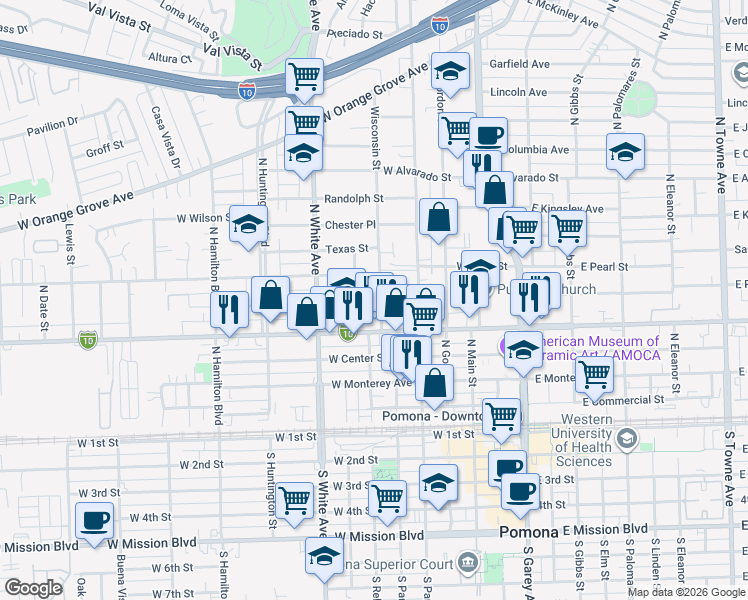 map of restaurants, bars, coffee shops, grocery stores, and more near in Pomona