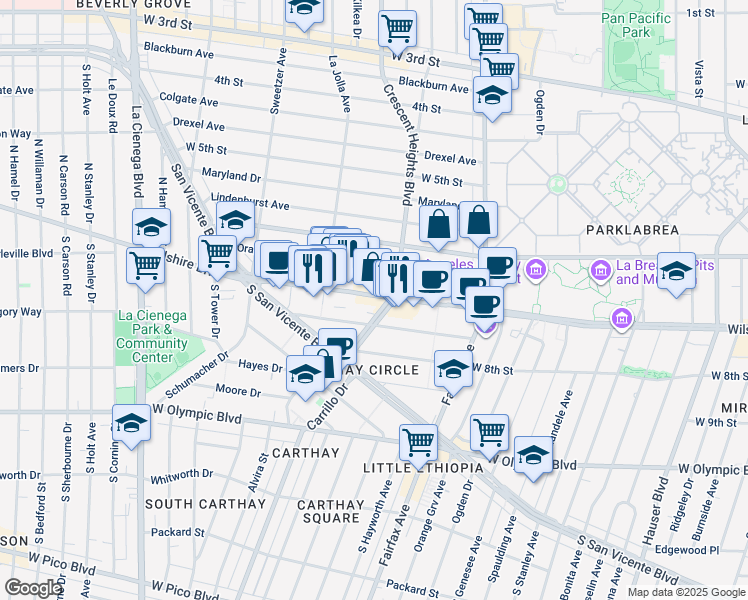 map of restaurants, bars, coffee shops, grocery stores, and more near 6300 Wilshire Boulevard in Los Angeles