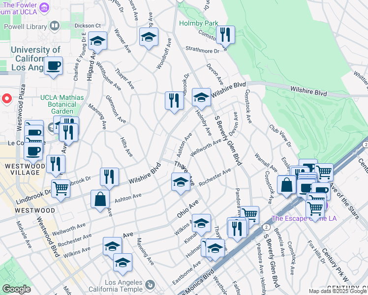 map of restaurants, bars, coffee shops, grocery stores, and more near 10512 Ashton Avenue in Los Angeles