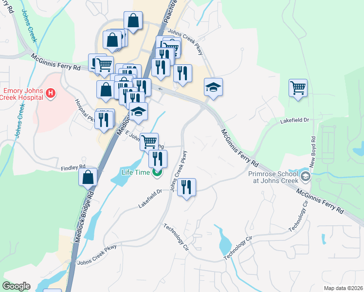 map of restaurants, bars, coffee shops, grocery stores, and more near 12000 East Johns Crossing in Johns Creek