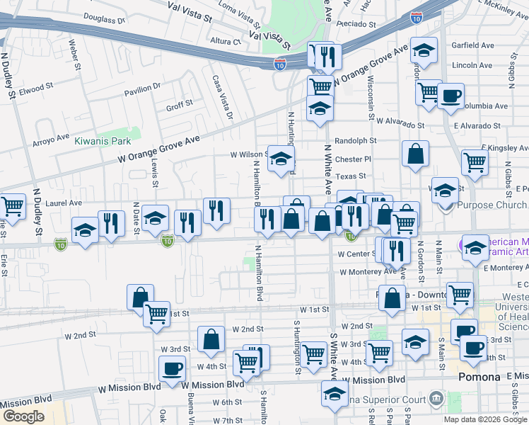 map of restaurants, bars, coffee shops, grocery stores, and more near 793 William Street in Pomona