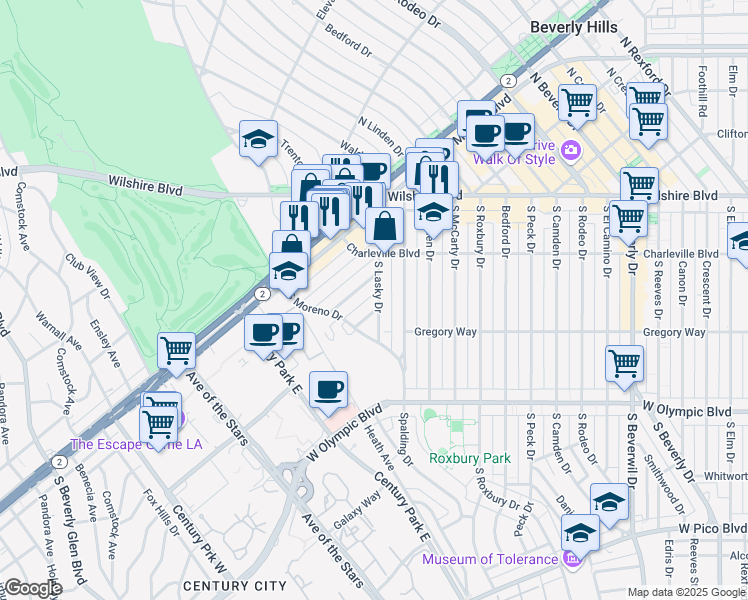 map of restaurants, bars, coffee shops, grocery stores, and more near 241 South Lasky Drive in Beverly Hills