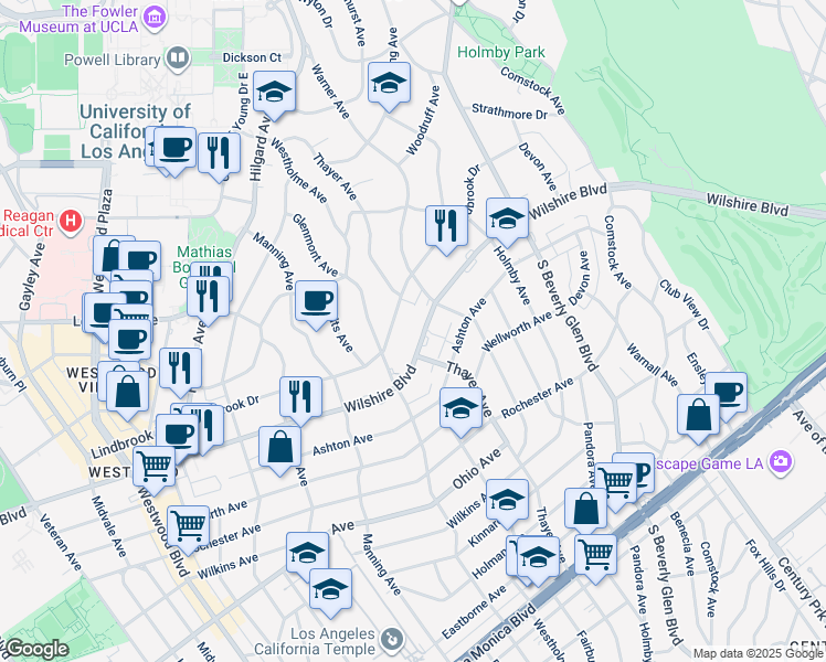 map of restaurants, bars, coffee shops, grocery stores, and more near 10535 Wilshire Boulevard in Los Angeles