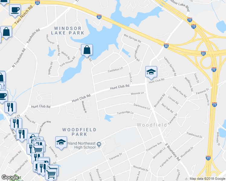 map of restaurants, bars, coffee shops, grocery stores, and more near 7802 Hunt Club Road in Columbia
