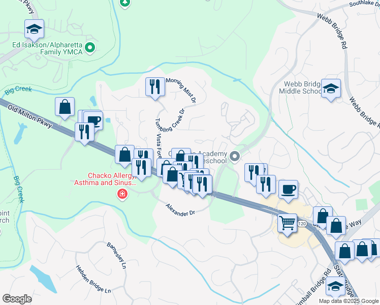 map of restaurants, bars, coffee shops, grocery stores, and more near 24 Sweetberry Court in Alpharetta