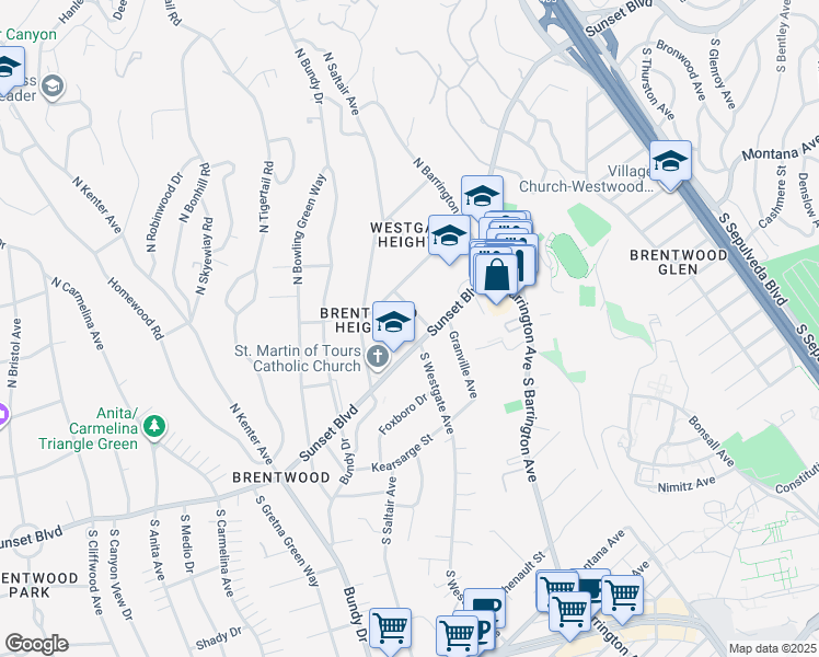 map of restaurants, bars, coffee shops, grocery stores, and more near 11901 Sunset Boulevard in Los Angeles