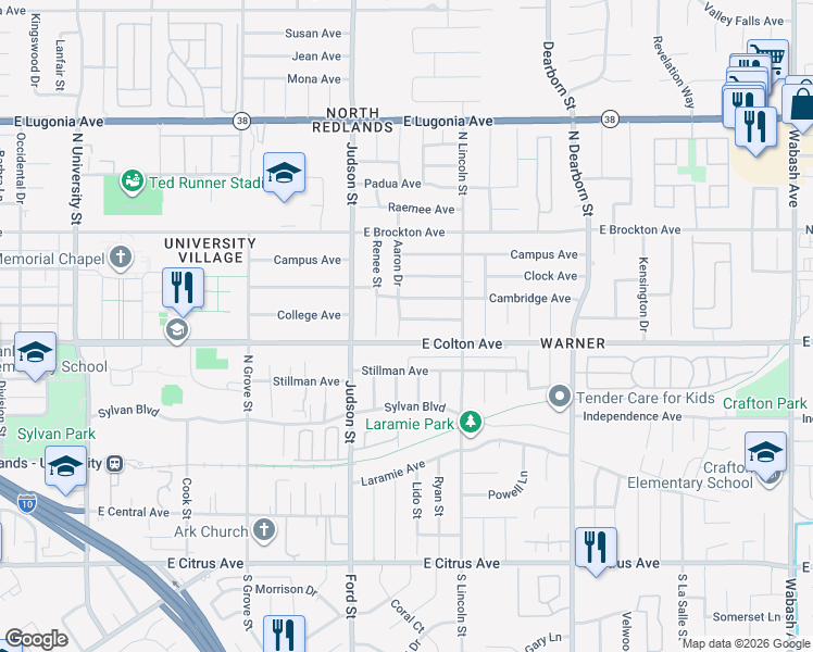 map of restaurants, bars, coffee shops, grocery stores, and more near 870 Aaron Drive in Redlands
