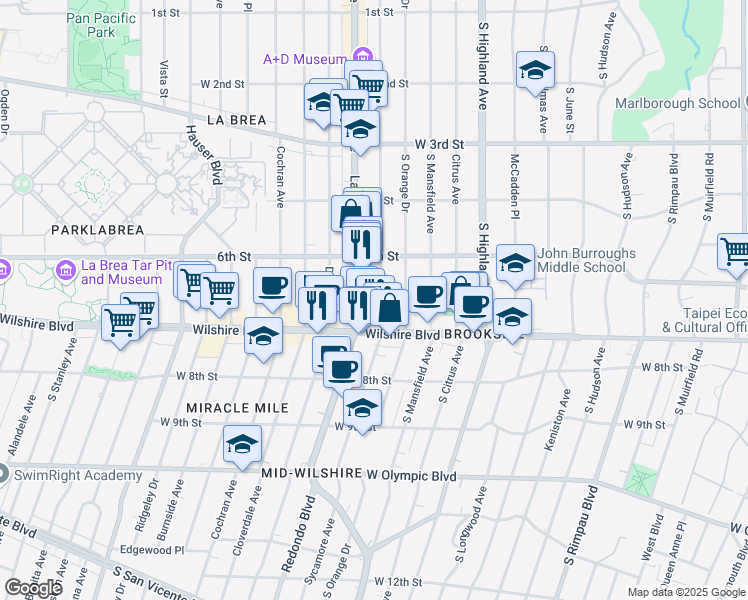 map of restaurants, bars, coffee shops, grocery stores, and more near 655 South Sycamore Avenue in Los Angeles