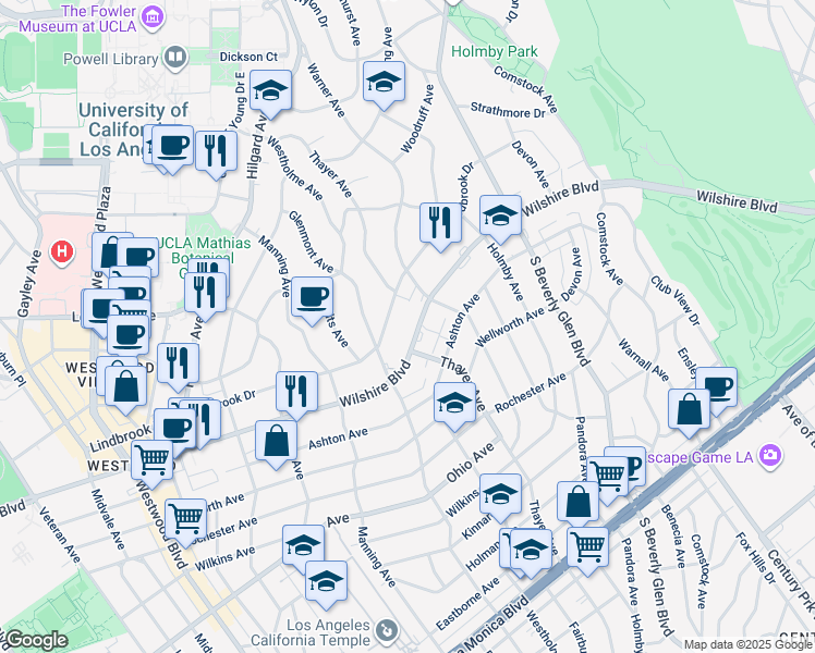 map of restaurants, bars, coffee shops, grocery stores, and more near 10535 Wilshire Boulevard in Los Angeles