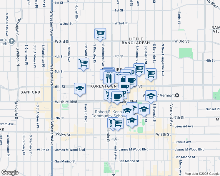 map of restaurants, bars, coffee shops, grocery stores, and more near 605 Normandie Avenue in Los Angeles