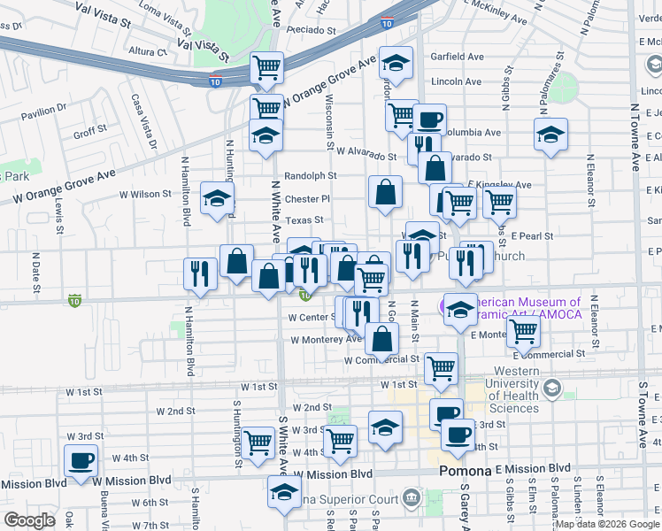 map of restaurants, bars, coffee shops, grocery stores, and more near 608 Wisconsin Street in Pomona