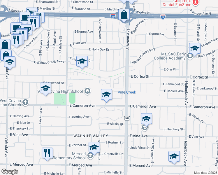 map of restaurants, bars, coffee shops, grocery stores, and more near 712 South Fernwood Street in West Covina