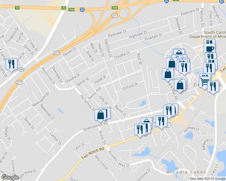 map of restaurants, bars, coffee shops, grocery stores, and more near 3639 Hearn Drive in Columbia