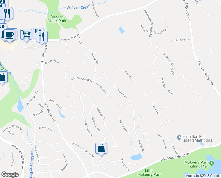 map of restaurants, bars, coffee shops, grocery stores, and more near Carriage Brook Trace Northeast in Dacula