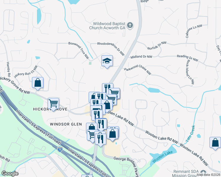 map of restaurants, bars, coffee shops, grocery stores, and more near 4556 Wade Green Road Northwest in Acworth