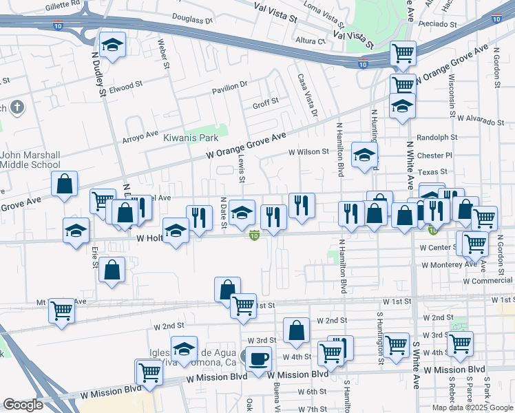 map of restaurants, bars, coffee shops, grocery stores, and more near 630 North Currier Street in Pomona