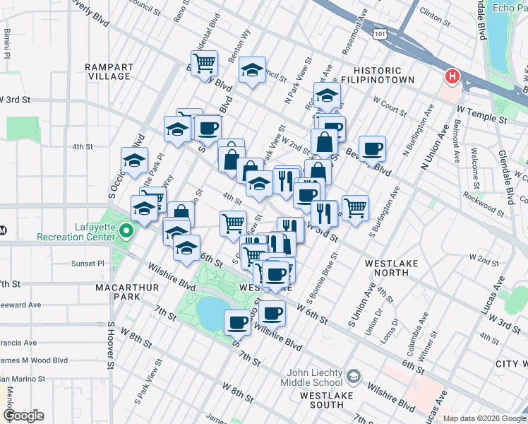 map of restaurants, bars, coffee shops, grocery stores, and more near 322 South Grand View Street in Los Angeles
