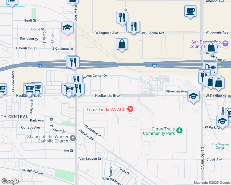 map of restaurants, bars, coffee shops, grocery stores, and more near 10482 Enterprise Drive in Redlands