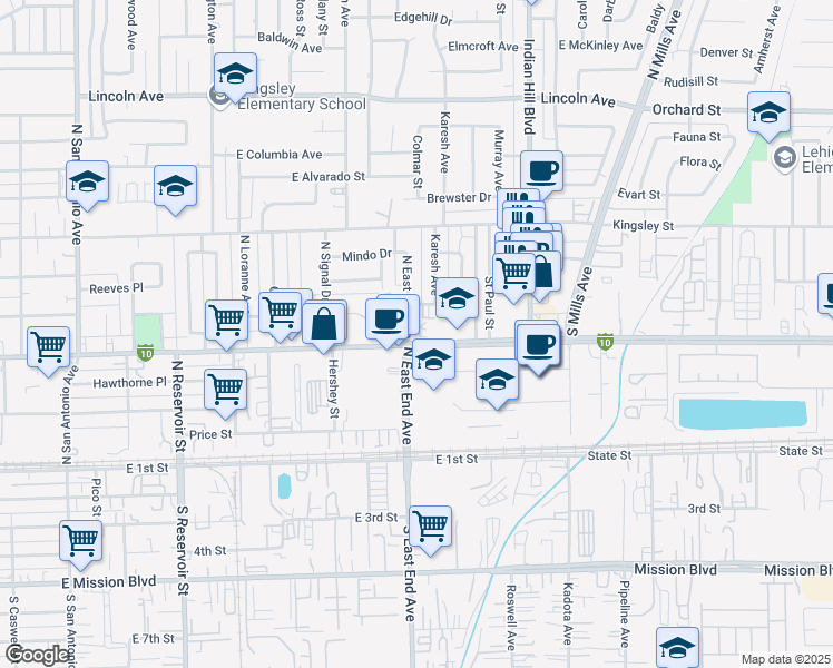 map of restaurants, bars, coffee shops, grocery stores, and more near 1321 East Holt Avenue in Pomona