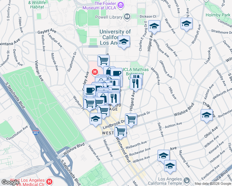map of restaurants, bars, coffee shops, grocery stores, and more near 10861 Weyburn Avenue in Los Angeles