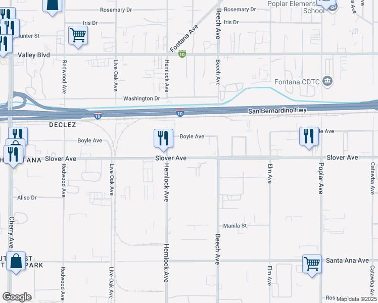 map of restaurants, bars, coffee shops, grocery stores, and more near 15188 Slover Avenue in Fontana