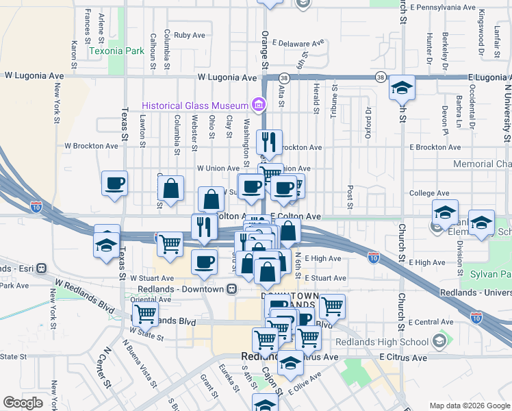 map of restaurants, bars, coffee shops, grocery stores, and more near 1018 West Colton Avenue in Redlands