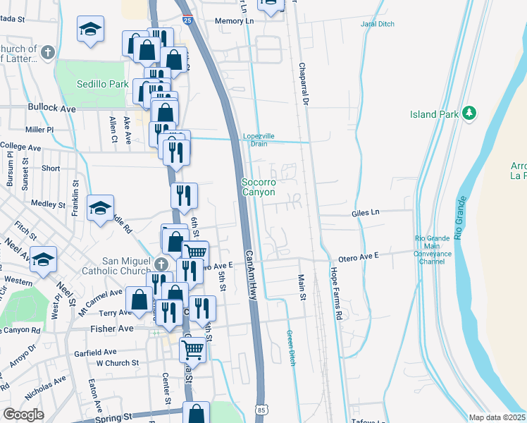 map of restaurants, bars, coffee shops, grocery stores, and more near 511 North 2nd Street in Socorro