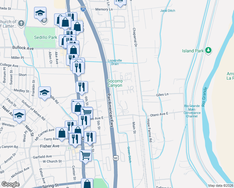map of restaurants, bars, coffee shops, grocery stores, and more near 511 North 2nd Street in Socorro